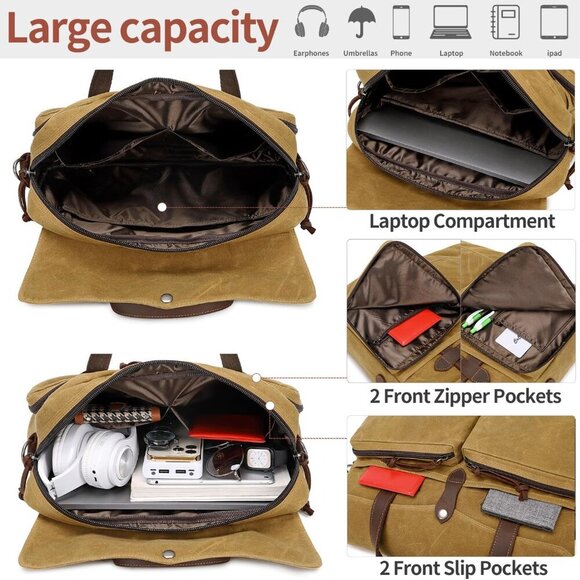 Laptop Bag for Men 15.6 Inch Messenger Bag Water-resistant Waxed Canvas Laptop B - Picture 3 of 6